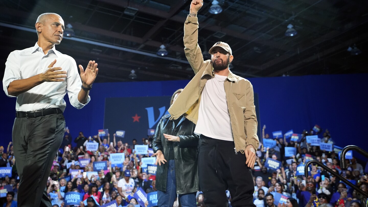 Rapper Eminem and Obama rally voters for Kamala Harris in Detroit