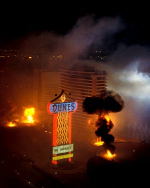 The implosion of the iconic Dunes Hotel and its famed Casino de Paris marked the beginning of one of Las Vegas' greatest attractions by default. Thousands of onlookers watched in amazement as fireworks and pyrotechnics lit up the sky in what was to become the greatest implosion of all time.