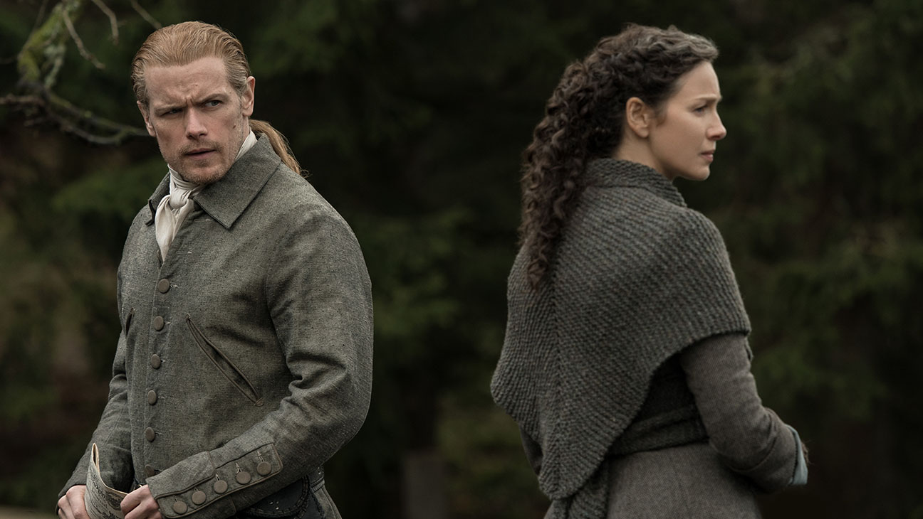 Jamie Fraser (Sam Heughan) and Claire Randall (Caitriona Balfe) in Outlander.