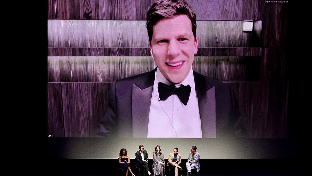 From left: Jennifer Grey, Dave McCary, Emma Stone, and Kieran Culkin speak onstage, with Jesse Eisenberg speaking remotely, at the screening of 'A Real Pain' during the 62nd New York Film Festival.