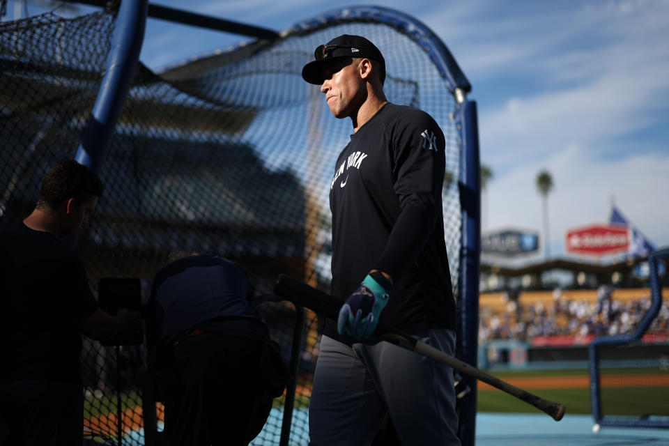 LOS ANGELES, CA - OCTOBER 26: Aaron Judge #99 of the New York Yankees takes batting practice prior to Game 2 of the 2024 World Series presented by Capital One between the New York Yankees and the Los Angeles Dodgers at Dodger Stadium on Saturday, October 26, 2024 in Los Angeles, California. (Photo by Michael Owens/MLB Photos via Getty Images)