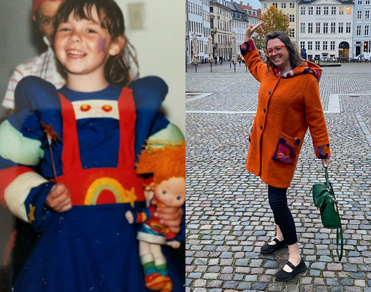 Photo collage of two images of Cami Ross, one dressed as a child dressed as Rainbow Brite and another more recently