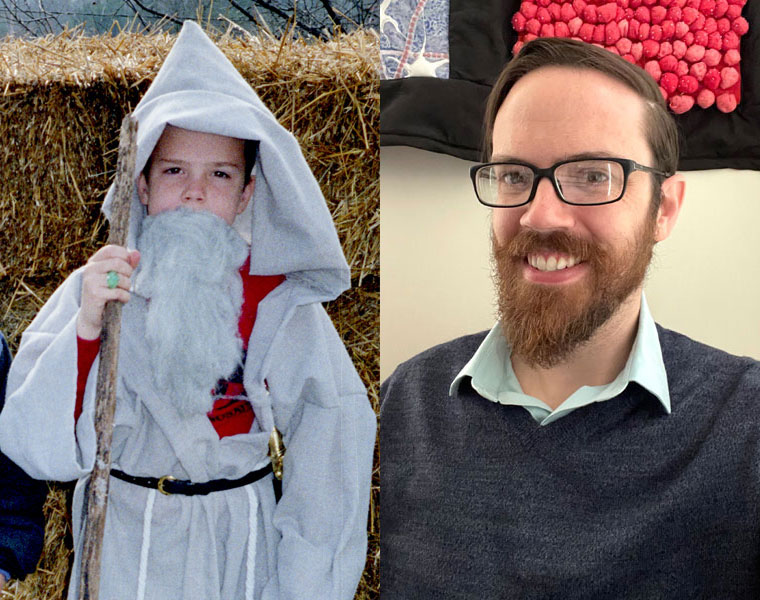 Photo collage of two images of Evan Meszaros, one as a child dressed as Gandalf and another more recently