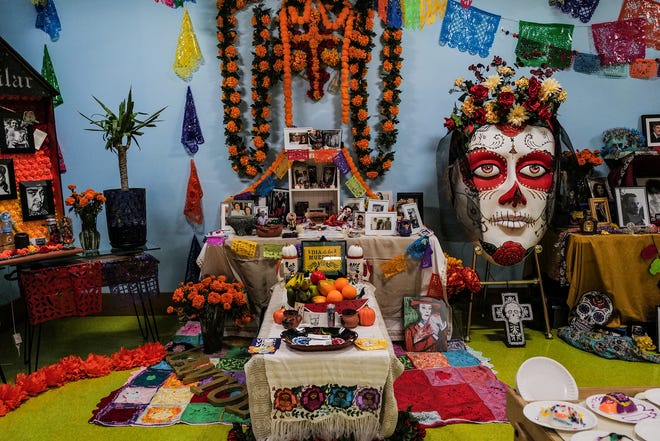 Details of the community ofrendas on exhibit through Sunday, November 3rd at the State of Michigan Museum and sponsored by Casa de Rosado Galeria and Cultural Center in Lansing. Friday, Nov. 1, 2024.