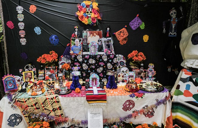 Details of the community ofrendas on exhibit through Sunday, November 3rd at the State of Michigan Museum and sponsored by Casa de Rosado Galeria and Cultural Center in Lansing. Friday, Nov. 1, 2024.