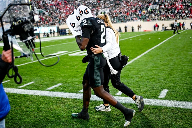 Michigan State's Aidan Chiles heads to the locker room after an injury during the third quarter in the game against Indiana on Saturday, Nov. 2, 2024, at Spartan Stadium in East Lansing.