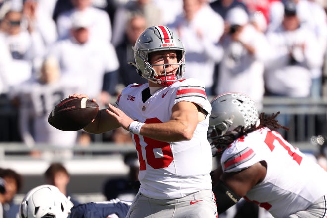 Will Howard #18 of the Ohio State Buckeyes throws the ball during the first quarter against the Penn State Nittany Lions at Beaver Stadium on November 02, 2024 in State College, Pennsylvania.