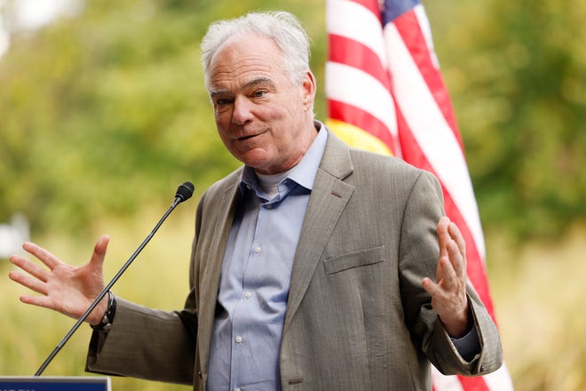 Tim Kaine speaks during a groundbreaking ceremony for the Long Bridge Project on Oct. 15, 2024, in Arlington, Virginia.