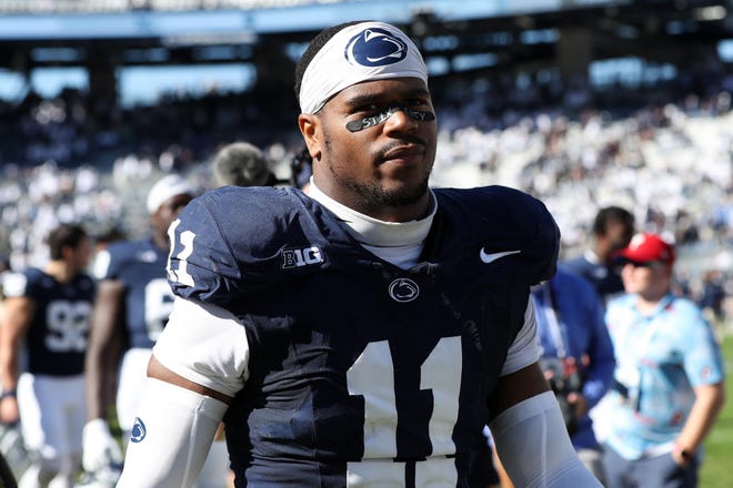 Oct 5, 2024; University Park, Pennsylvania, USA; Penn State Nittany Lions defensive end Abdul Carter (11) walks off the field following the game against the UCLA Bruins at Beaver Stadium. Mandatory Credit: Matthew O'Haren-Imagn Images