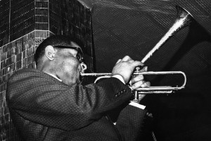 PHILDELPHIA, UNITED STATES: Dizzy Gillespie performs on stage in a jazz club circa 1963 in Philadelphia, Pennsylvania. (Photo by Irv Kline/Redferns)