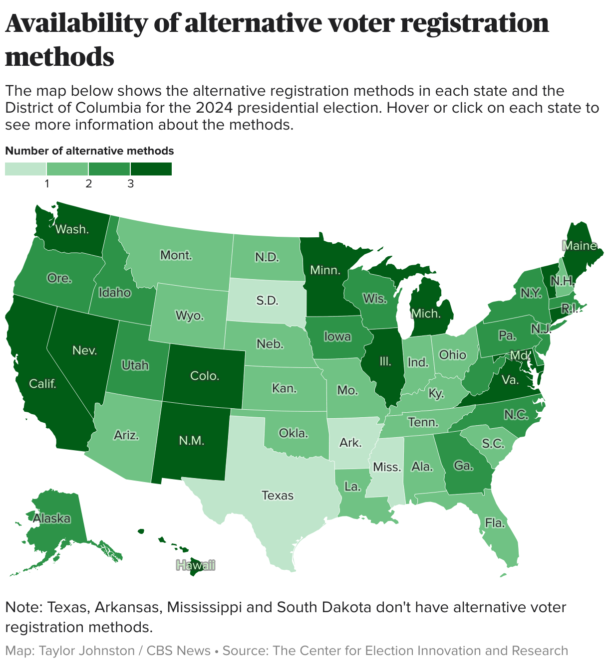 U.S. map showing availability of alternative voter registration methods for each state.