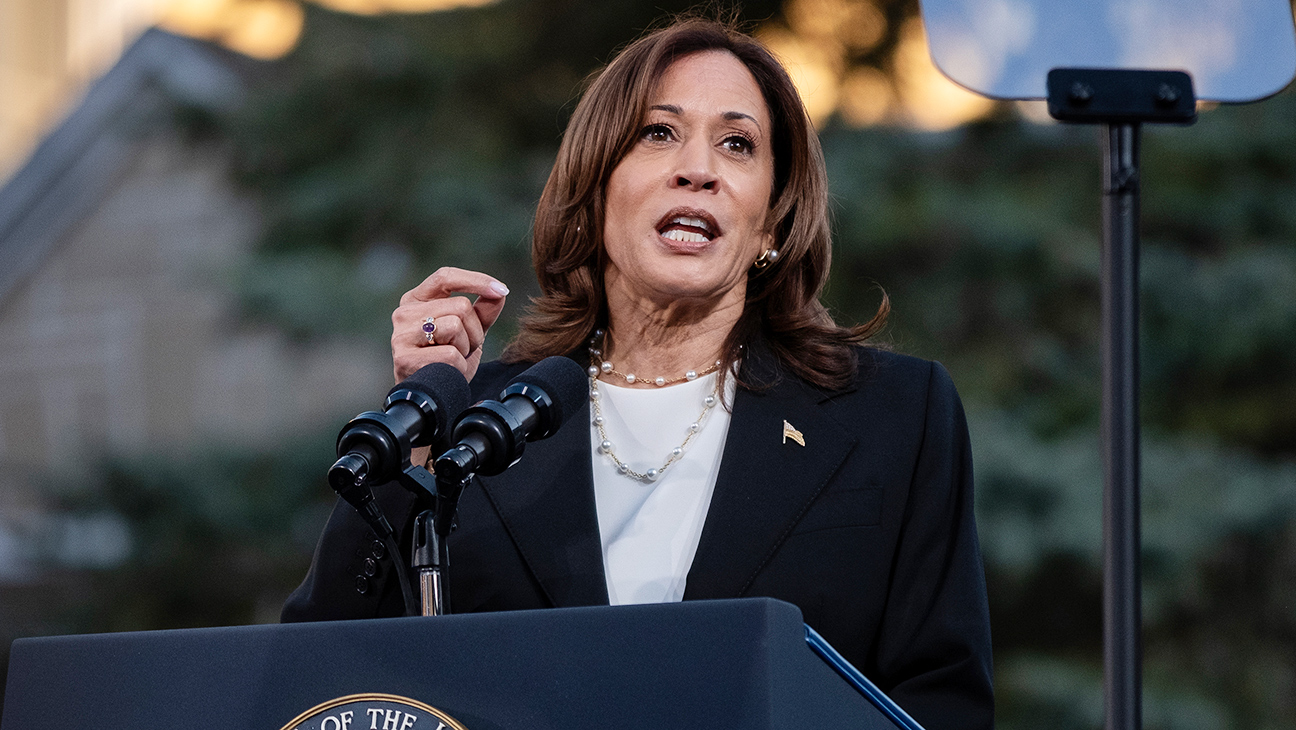 Vice President and Democratic Presidential nominee Kamala Harris speaks during a rally at Ripon College in Ripon, Wisconsin.