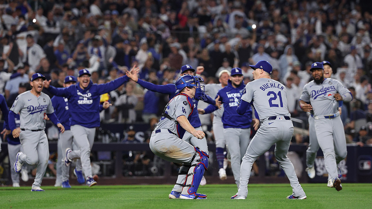 The Los Angeles Dodgers celebrate as the they defeat the New York Yankees 7-6 to win Game Five and the 2024 World Series at Yankee Stadium on October 30, 2024 in the Bronx borough of New York City.