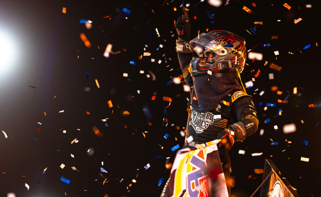 Rico Abreu celebrating at Eldora with a wing dance