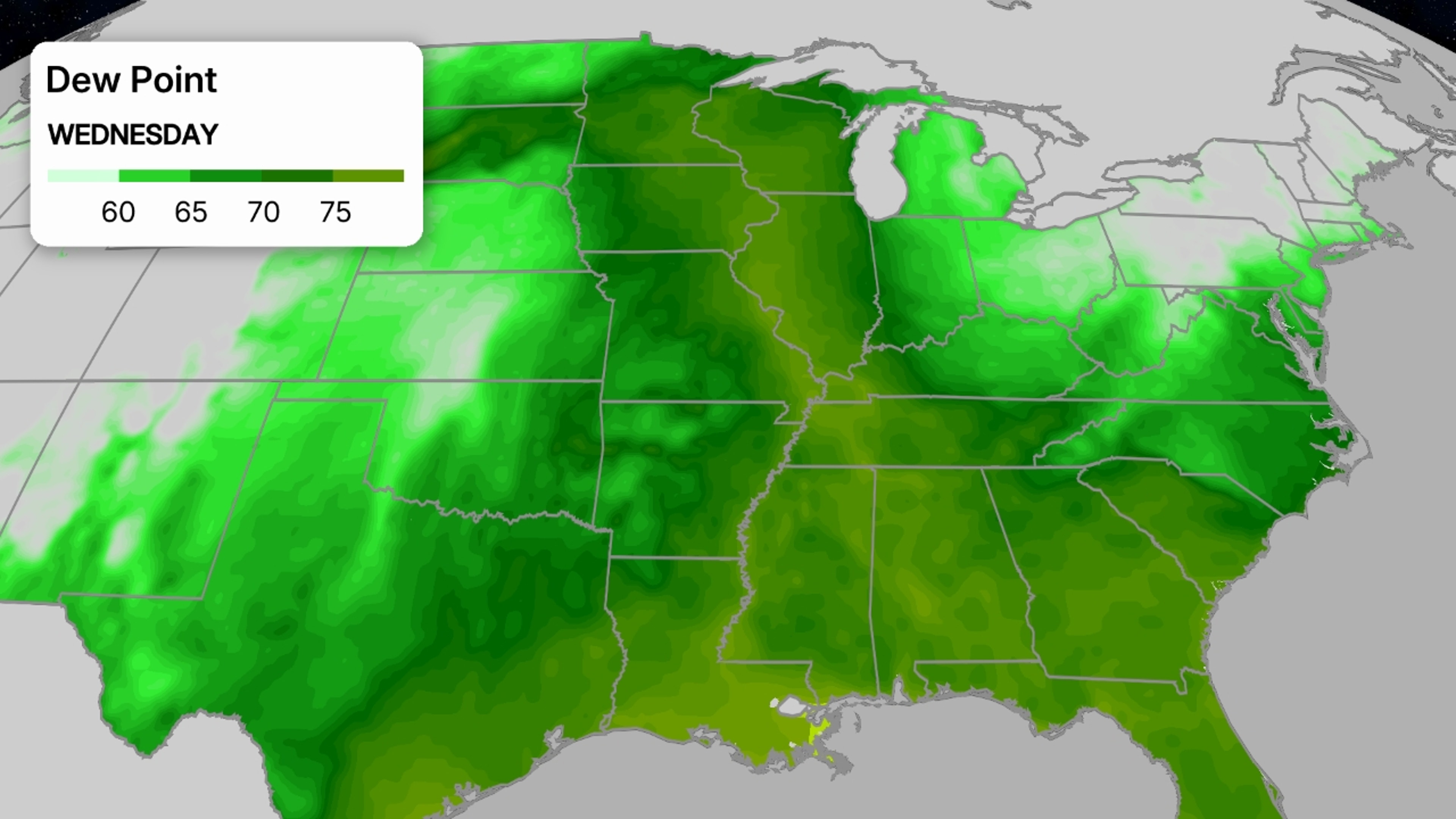 This map shows where more muggy air is forecast. Generally, dew points of 70 degrees or higher is considered muggy.
