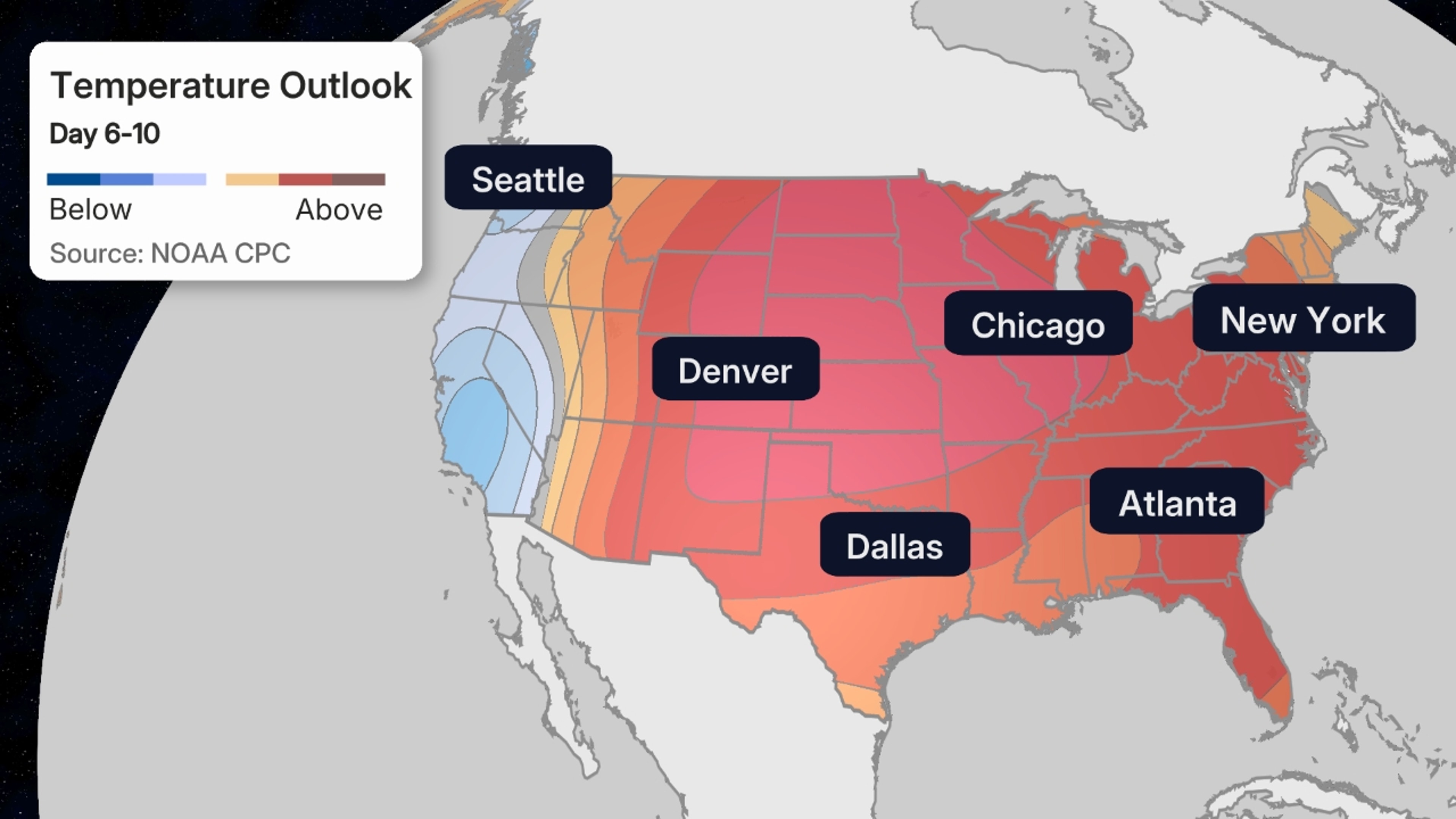 This outlook, from NOAA's Climate Prediction Center, shows the probabilities of above (tan, orange, red contours) or below (blue contours) average temperatures 6 to 10 days from now.