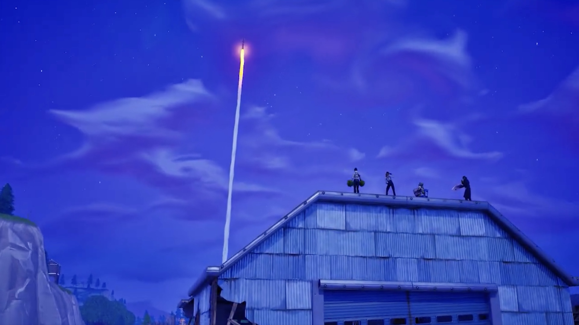 Fortnite OG rocket launch - four players stand on the roof of a barn watching a rocket soar through the skies