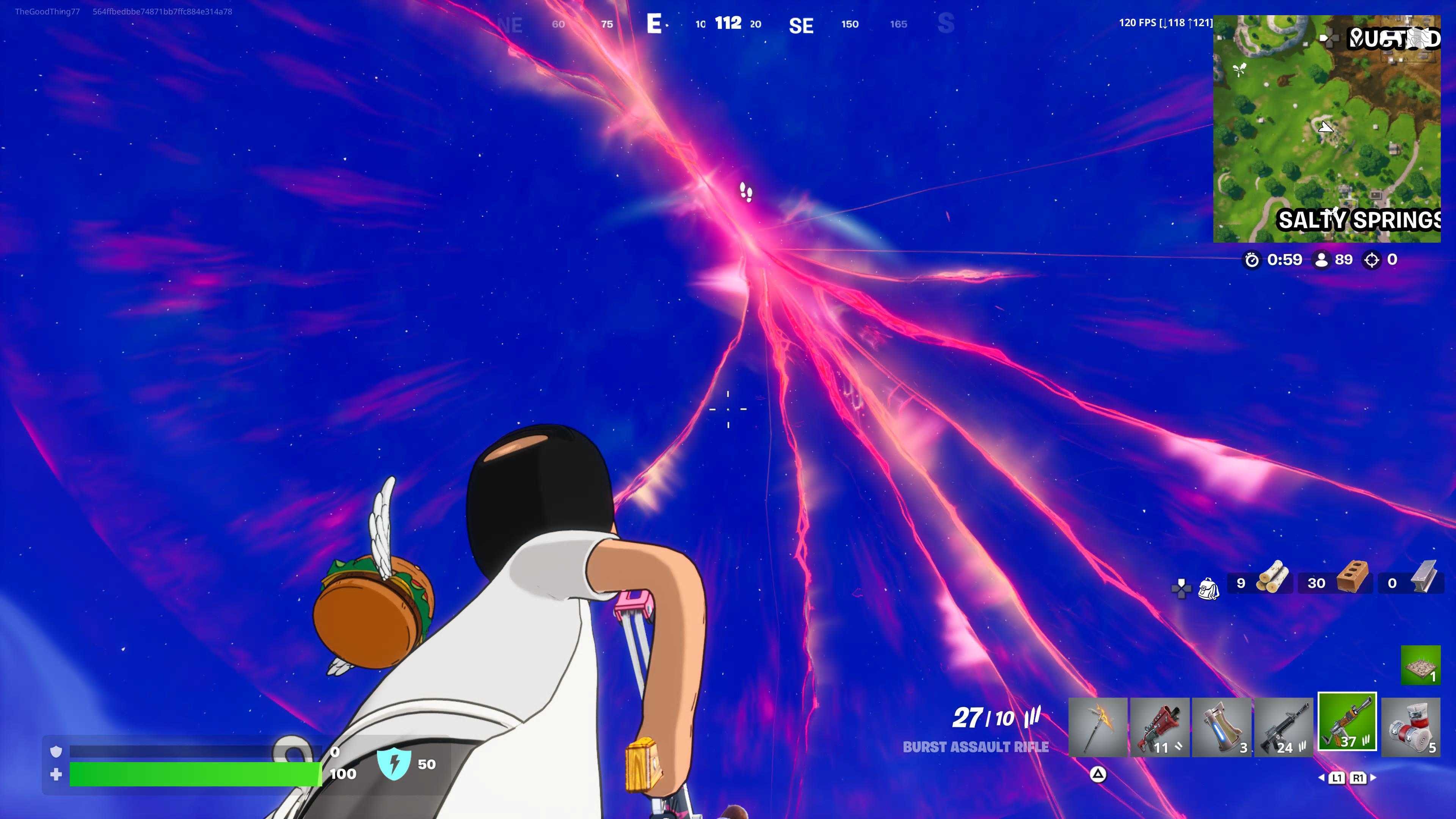 A red rift crack in the skies above the Fortnite Island