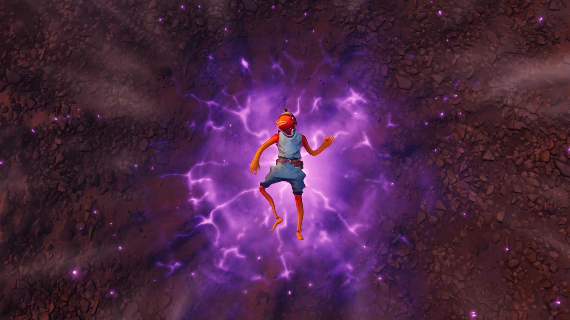 Fish Stick lies in a crater, surrounded by purple glowing energy