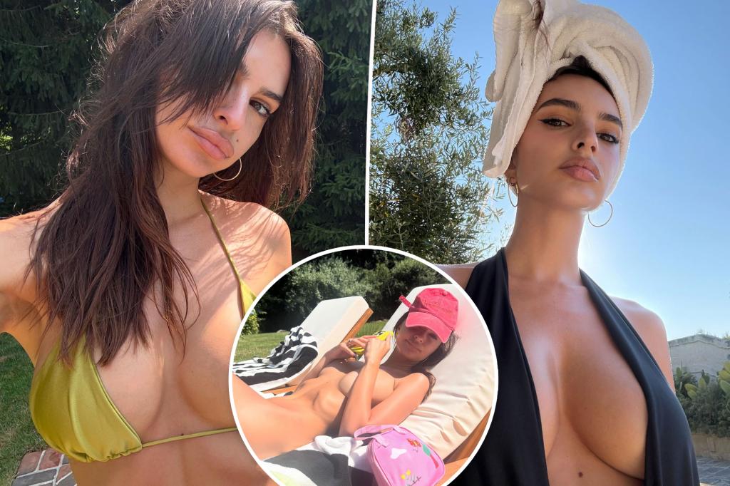 Emily Ratajkowski sunbathes in nothing but a baseball cap