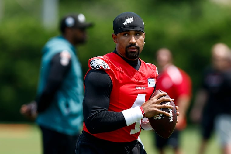 Eagles quarterback Jalen Hurts running drills during OTAs at the NovaCare Complex on June 3.