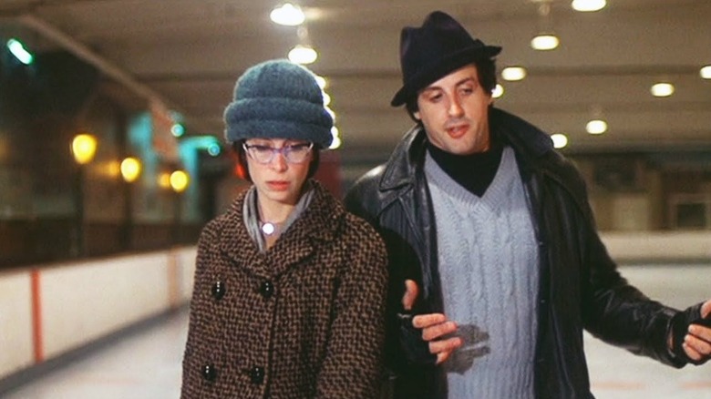 Rocky Balboa (Sylvester Stallone) and Adrian Pennino (Talia Shire) ice skating together in 