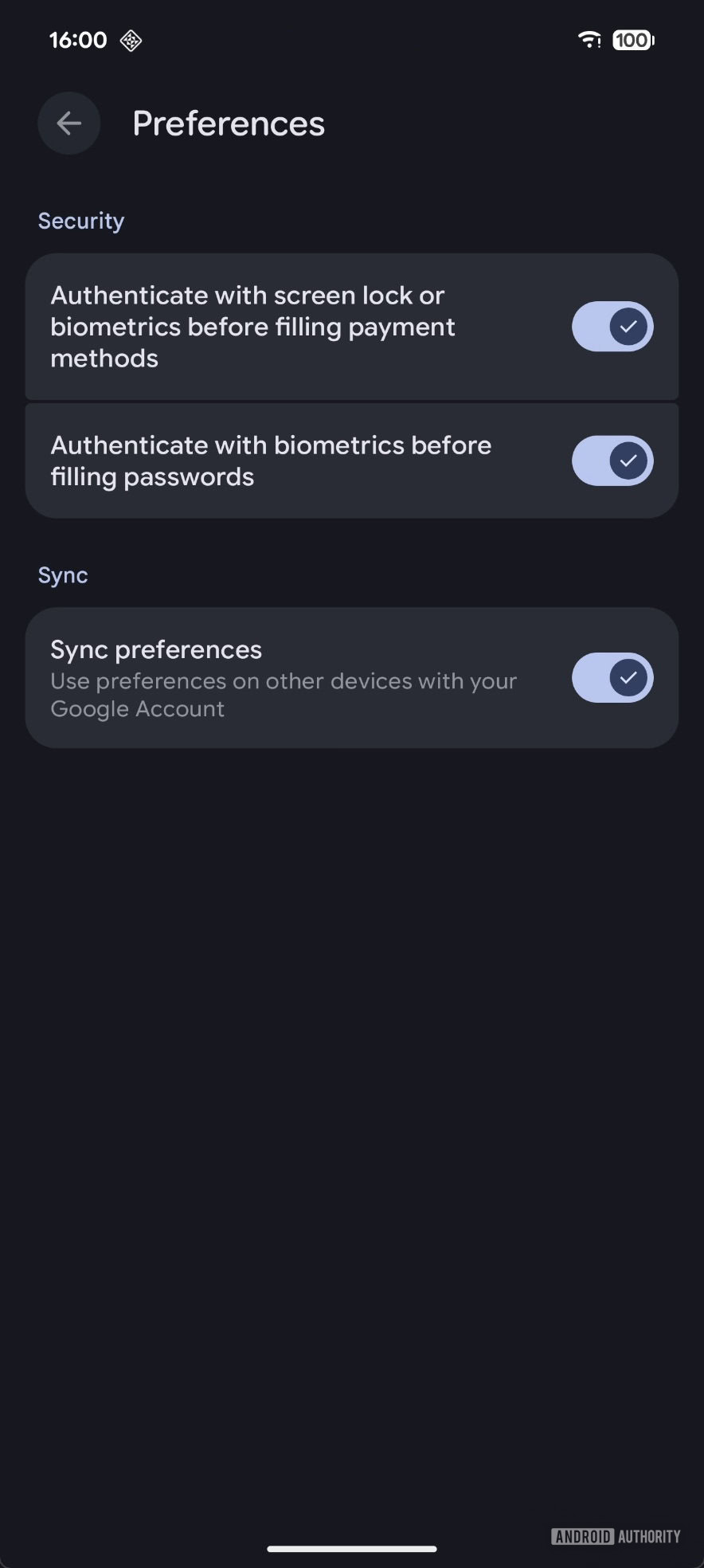 Autofill with Google preferences with biometric security toggle Autofill with Google preferences with biometric security toggle