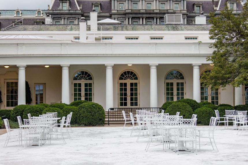 Tables and chairs placed in the Rose Garden on August 1.