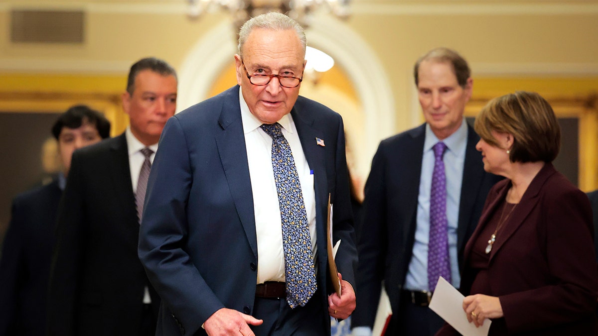 U.S. Senate Minority Leader Chuck Schumer (D-NY) walks to speak at a news conference following the weekly Senate Democratic policy luncheon at the U.S. Capitol on June 17, 2025 in Washington, DC.