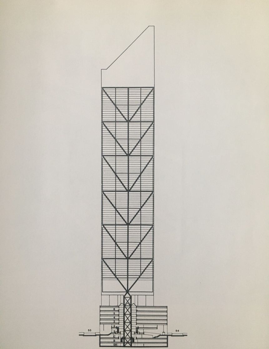 A cross-section of the tower showing LeMessurier’s innovative chevron bracing system.