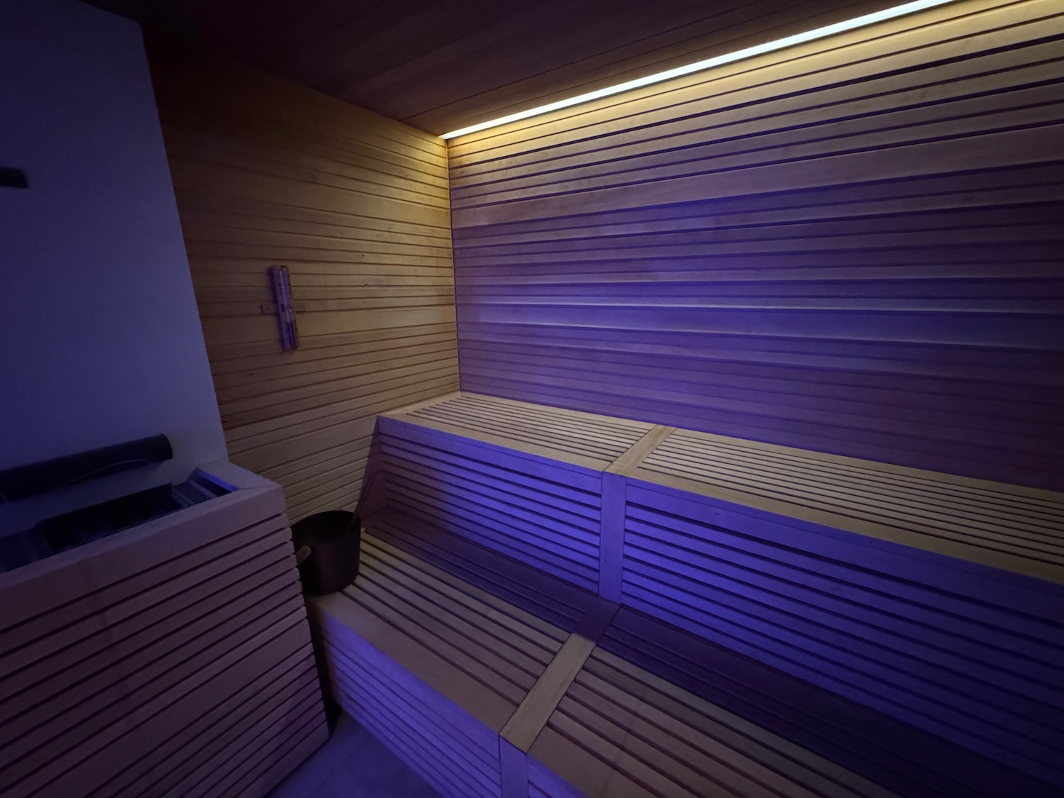 a wooden bench in a sauna
