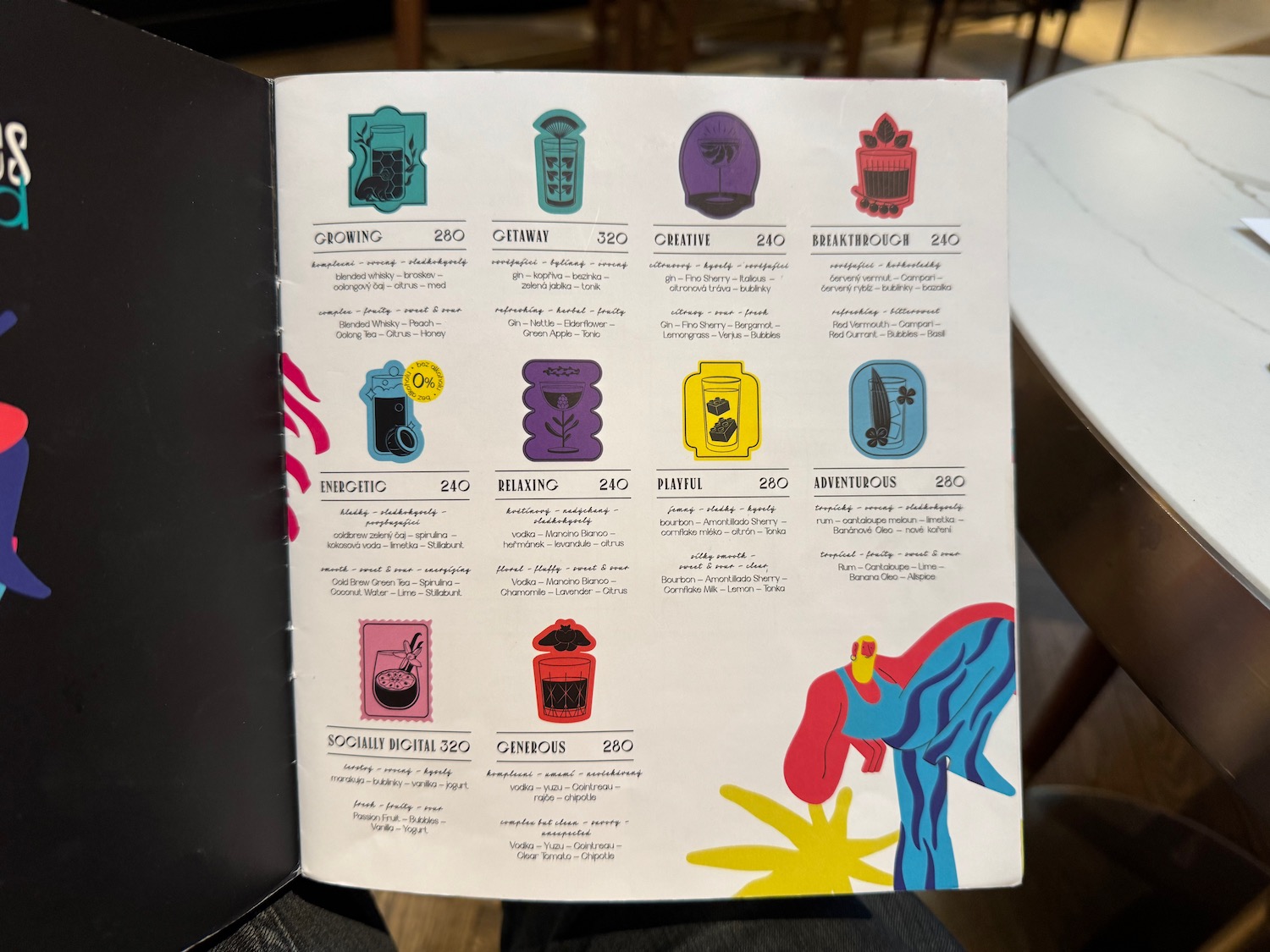 a menu with colorful stickers on it
