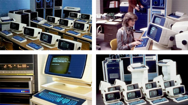 A collage of vintage computer terminals and mainframes from the 1970s-80s, featuring multiple screens, keyboards, and people working with large monitors and data processing equipment in office settings.