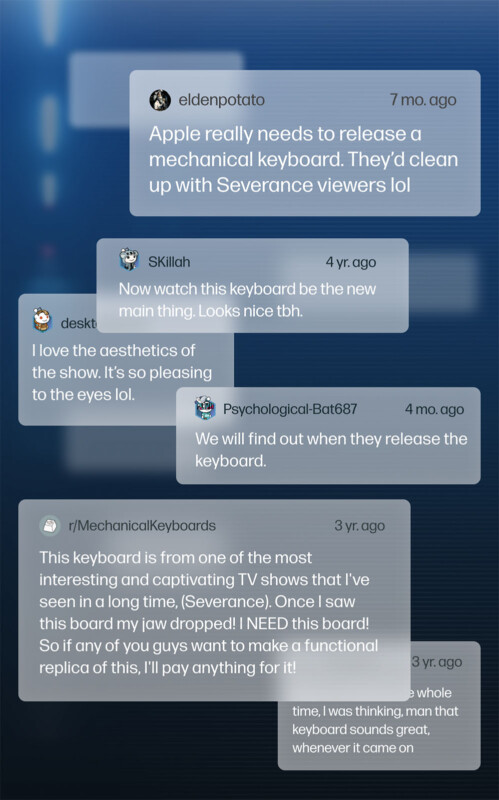 A digital collage displays online comments discussing a fictional mechanical keyboard from the TV show Severance, with users expressing admiration and wishing for a real version. The background is blurred in blue tones.