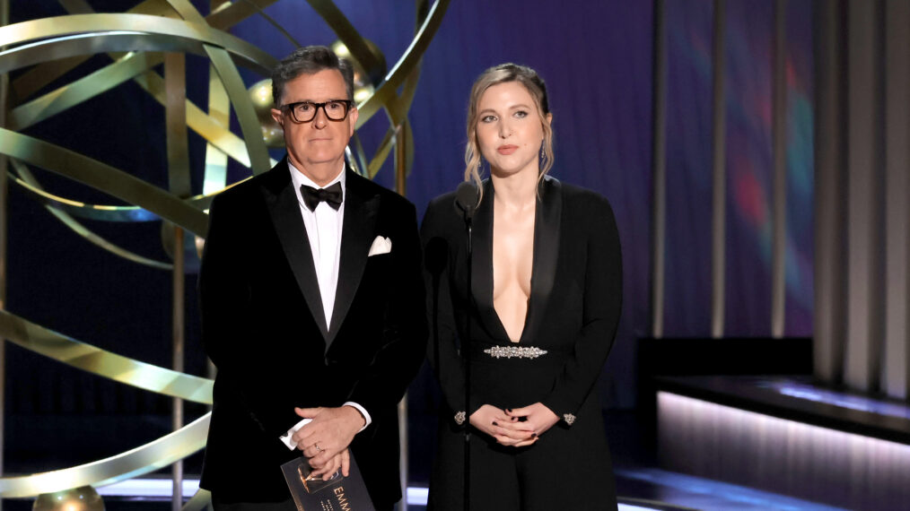 Stephen Colbert and Taylor Tomlinson speak onstage during the 75th Primetime Emmy Awards at Peacock Theater on January 15, 2024 in Los Angeles