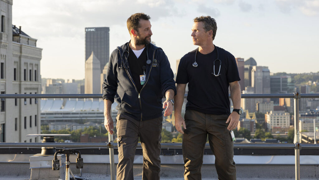 From left: Shawn Hatosy; Noah Wyle and Hatosy as Drs. Michael Robby Robinavitch and Jack Abbot in The Pitt.