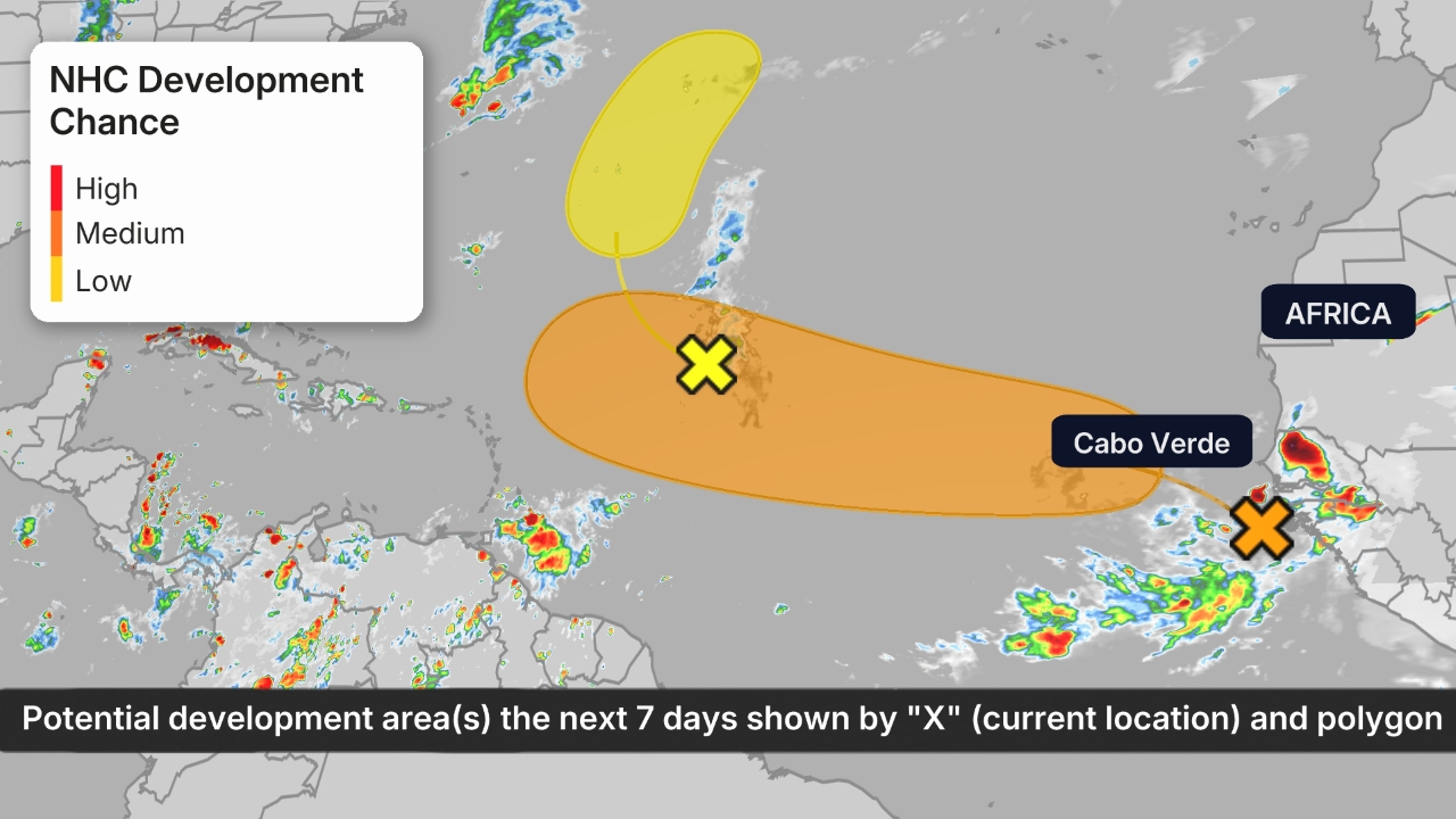 The possible area(s) of tropical development according to the latest National Hurricane Center outlook are shown by polygons, color-coded by the chance of development over the next seven days. An