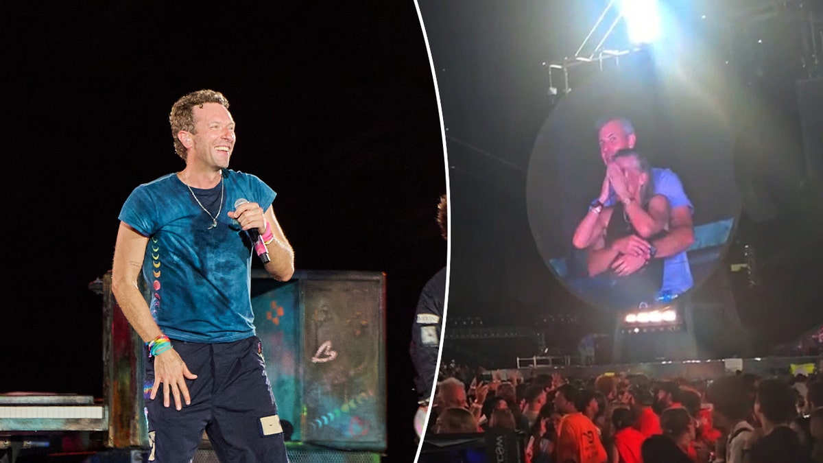 Chris Martin on stage during a concert split with an image of the CEO of Astronomer and his HR Chief on the jumbotron