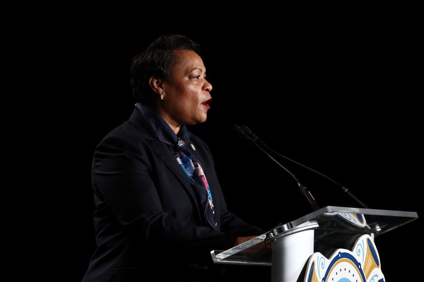 New Orelans Mayor LaToya Cantrell speaks at the Super Bowl LIX Host Committee welcome press conference at the Ernest N. Morial Convention Center on February 3, 2025.