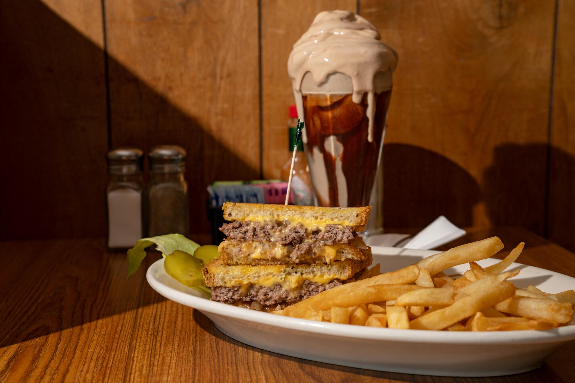 Patty Melt with a side of fries and a chocolate milkshake at Pie 'n Burger in Pasadena