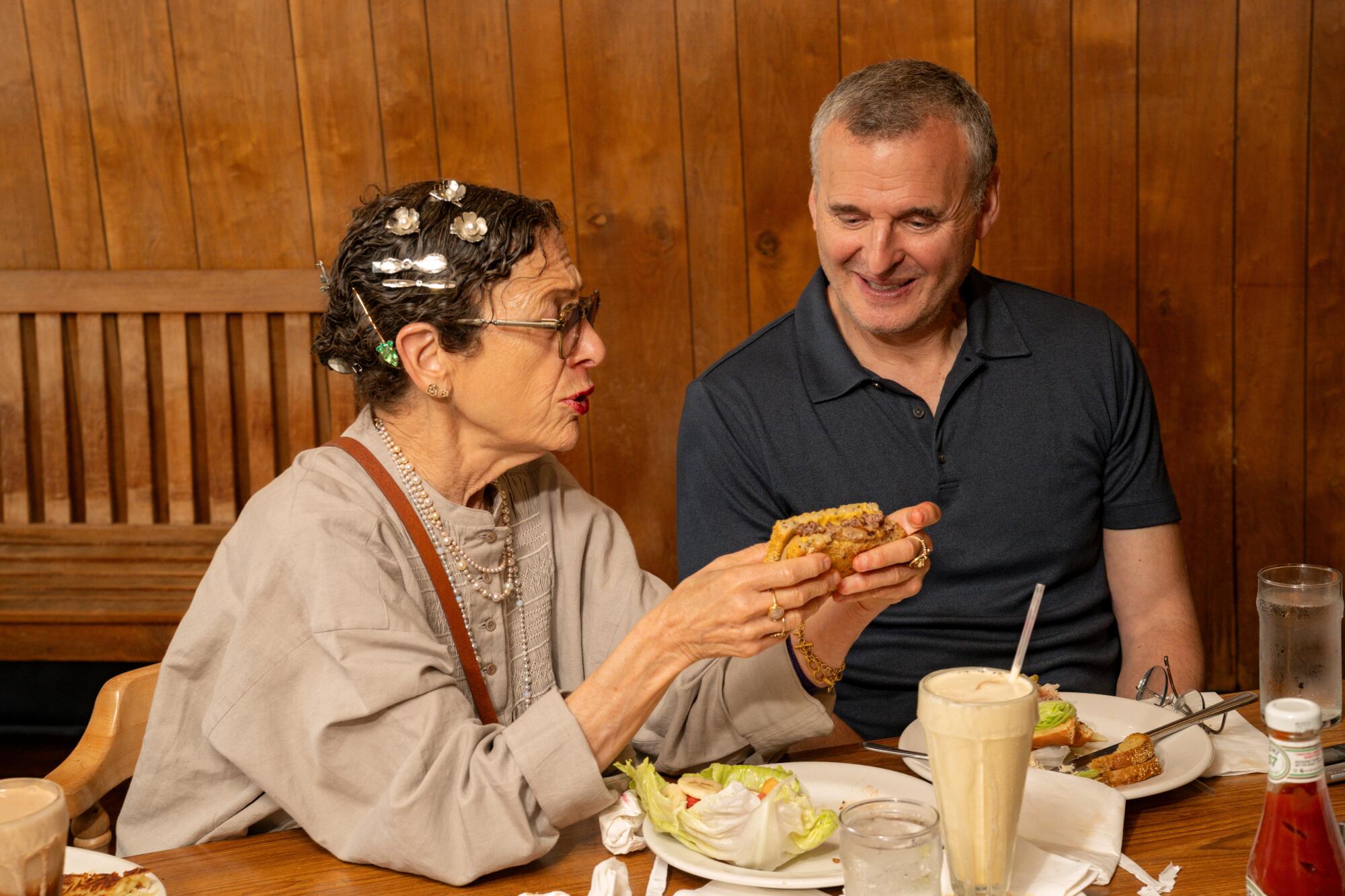 Chef Nancy Silverton and Phil Rosenthal trying patty melts and milkshakes at Pie 'n Burger in Pasadena.
