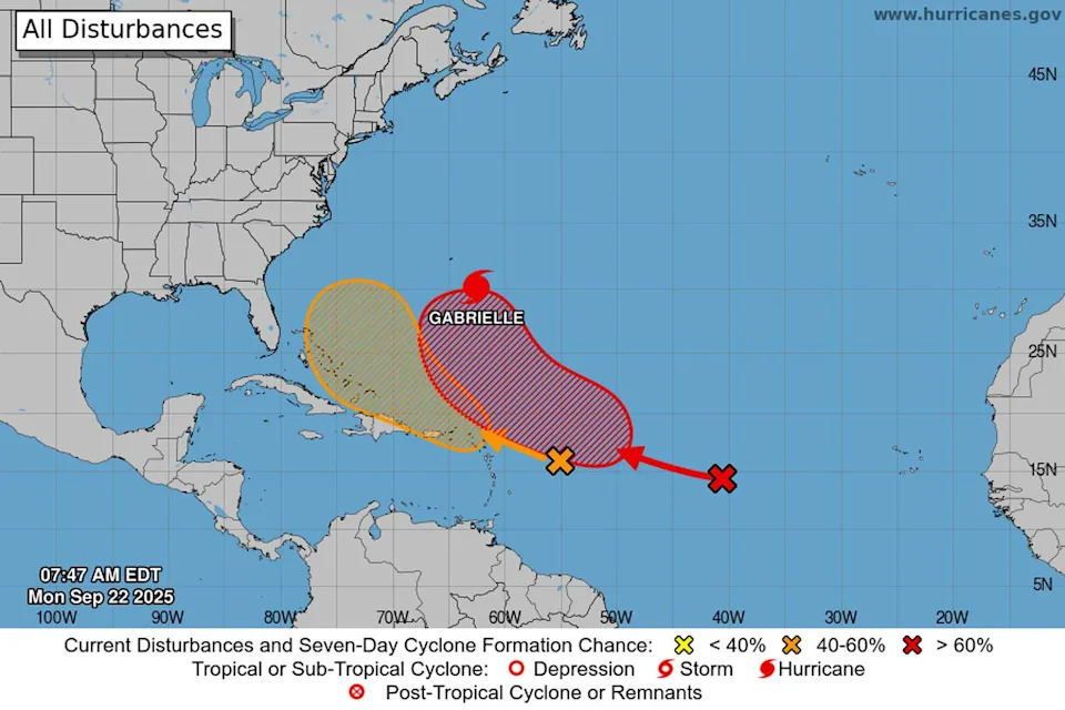 Two tropical systems emerging in the warmer Atlantic waters east of the Caribbean Sea are being watched for potential development this week by the National Hurricane Center on Monday. (National Hurricane Center)