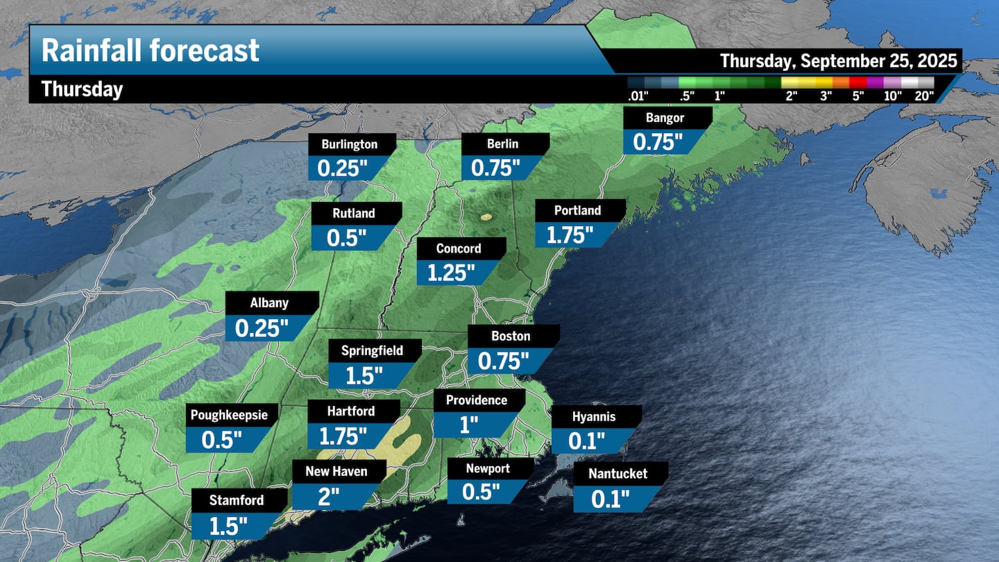 Rain totals may stretch between a half inch to an inch across New England, with higher totals mixed in between.