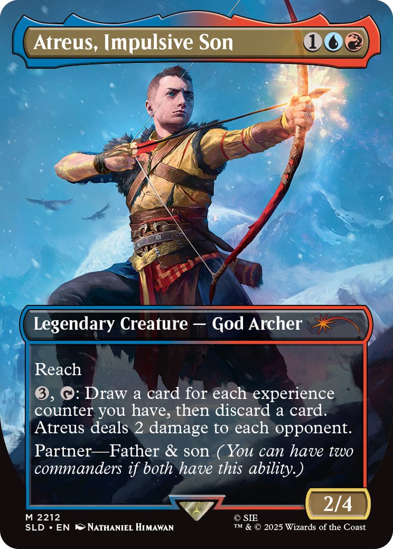 Atreus, Impulsive Son Cost: {1}{U}{R} Legendary Creature - God Archer Reach Pay 3, Tap: Draw a card for each experience counter you have, then discard a card. Atreus deals 2 damage to each opponent. Partner-Father & son (You can have two commanders if both have this ability.) Power 2 Toughness 4