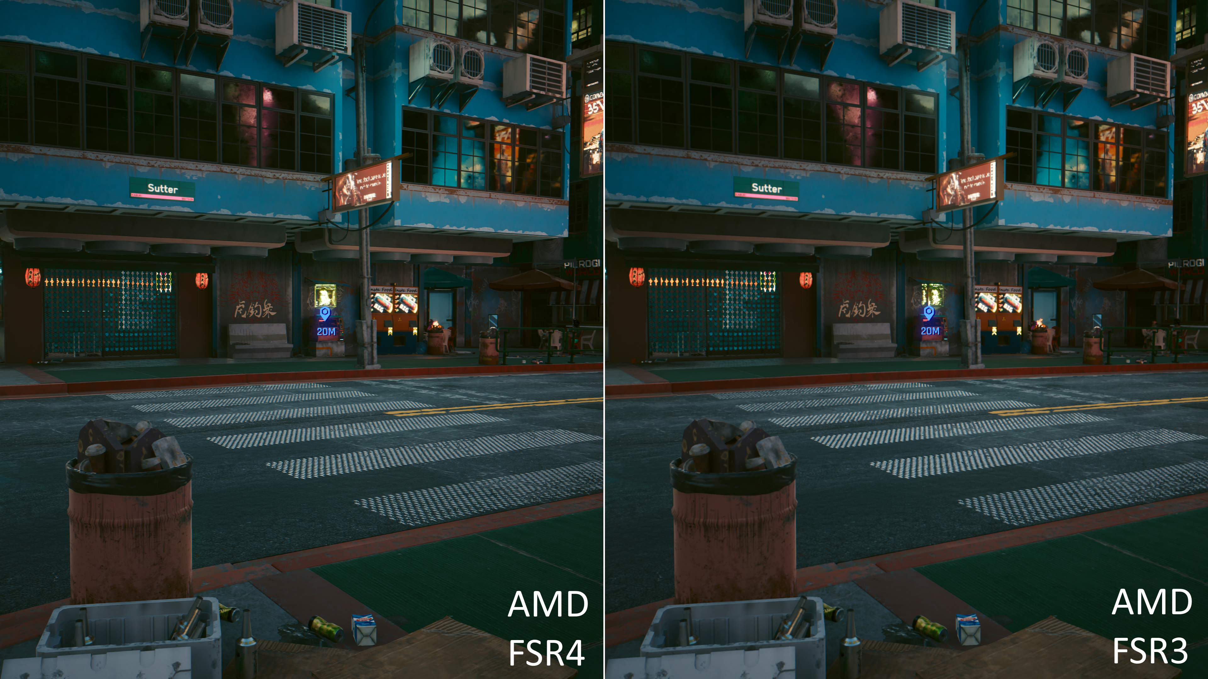 A side-by-side comparison of Cyberpunk 2077 rendered using AMD's FSR3 and FSR4 upscalers.