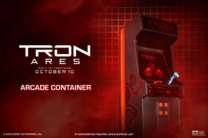 tronaresarcadecontainer 1 Fantasy Land News New Tron Ares Popcorn Bucket Tumbler Combo Coming to Regal Cinemas