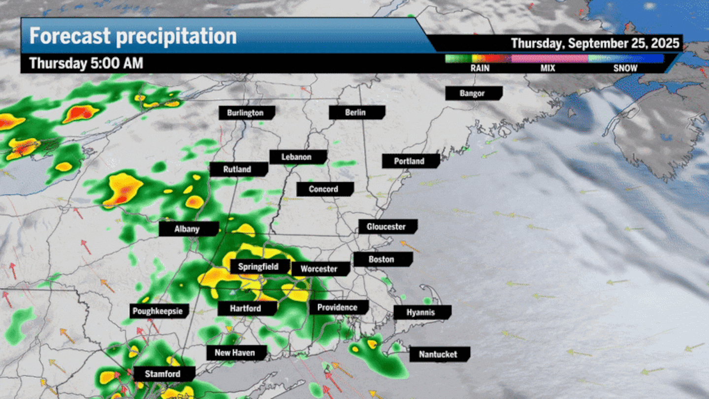 Rounds of rain are expected to push through New England throughout Thursday. Bost