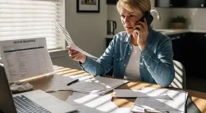 Concerned woman on the phone reviewing car accident insurance paperwork and repair estimates at home