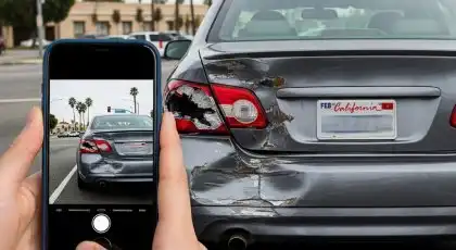 Victim taking a photo of car damage after a rear-end accident