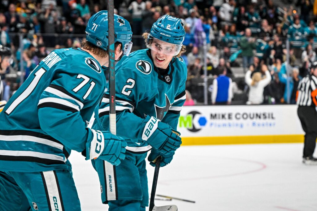 San Jose Sharks forwards Macklin Celebrini and Will Smith